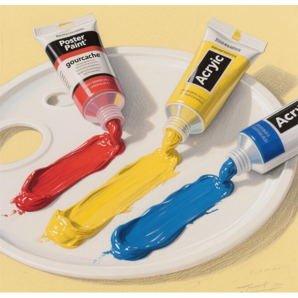 &ldquo;Poster paint, gouache, and acrylic in red, yellow, and blue on a palette, showing texture and color differences.&rdquo;