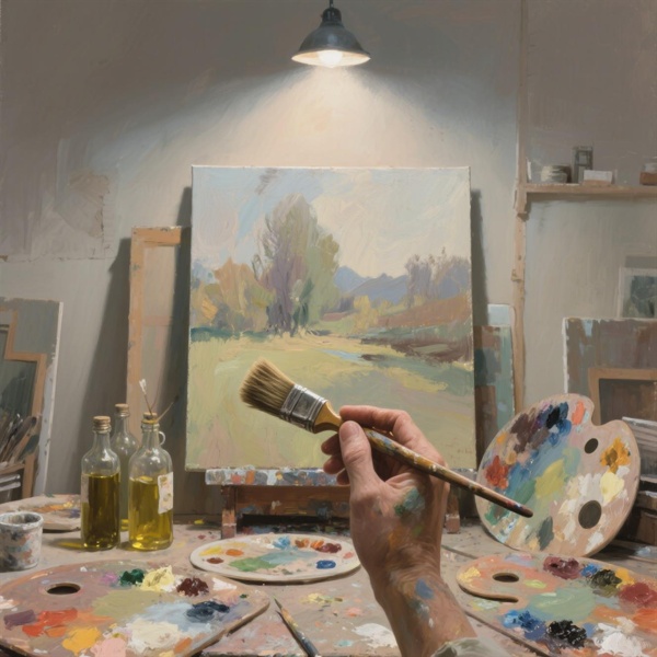 Hand holding a brush in a traditional oil painting studio, with palettes, natural oils, and a landscape canvas&mdash;evoking classic technique and depth.