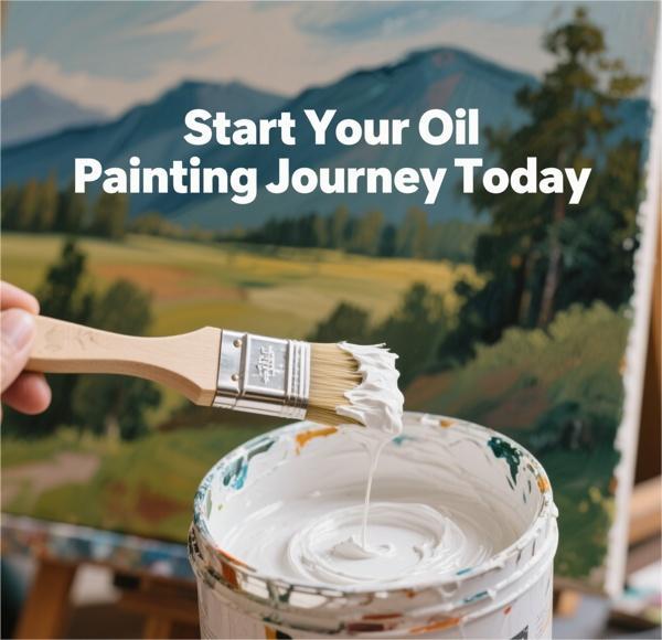 A beginner dipping a brush into thick white oil paint in front of a landscape canvas, symbolizing the start of an artistic journey with oil painting techniques