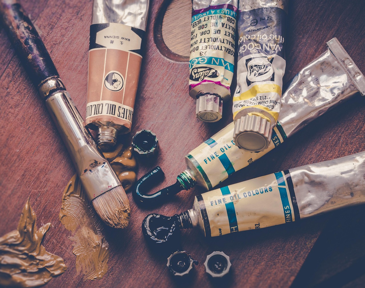 Paint tubes and a brush